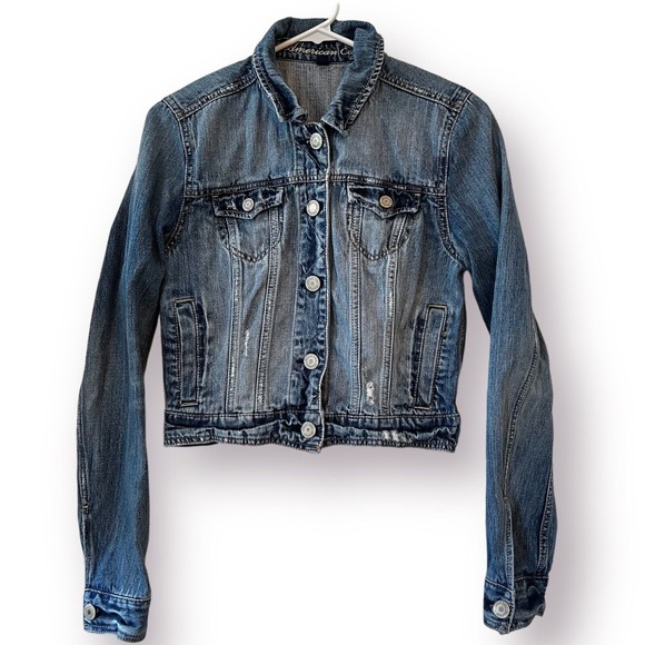 American Eagle Medium Rugged Distressed Blue Denim Cropped Jean Jacket - Picture 1 of 11
